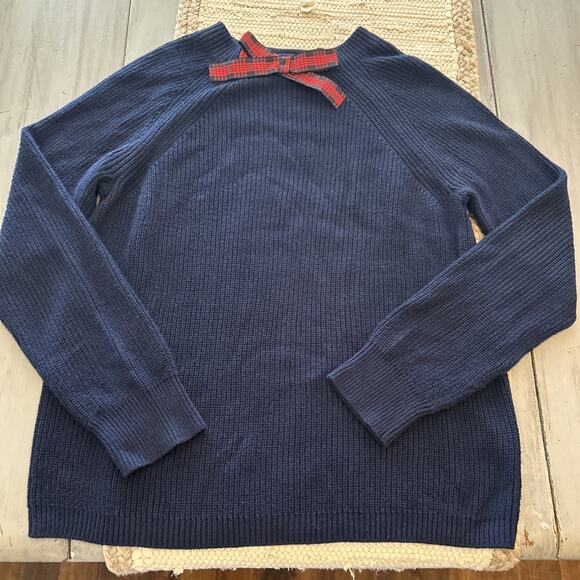 J Crew Mercantile Navy Blue Knit High Neck Sweater Red Plaid Bow Size M Preppy - Picture 1 of 8